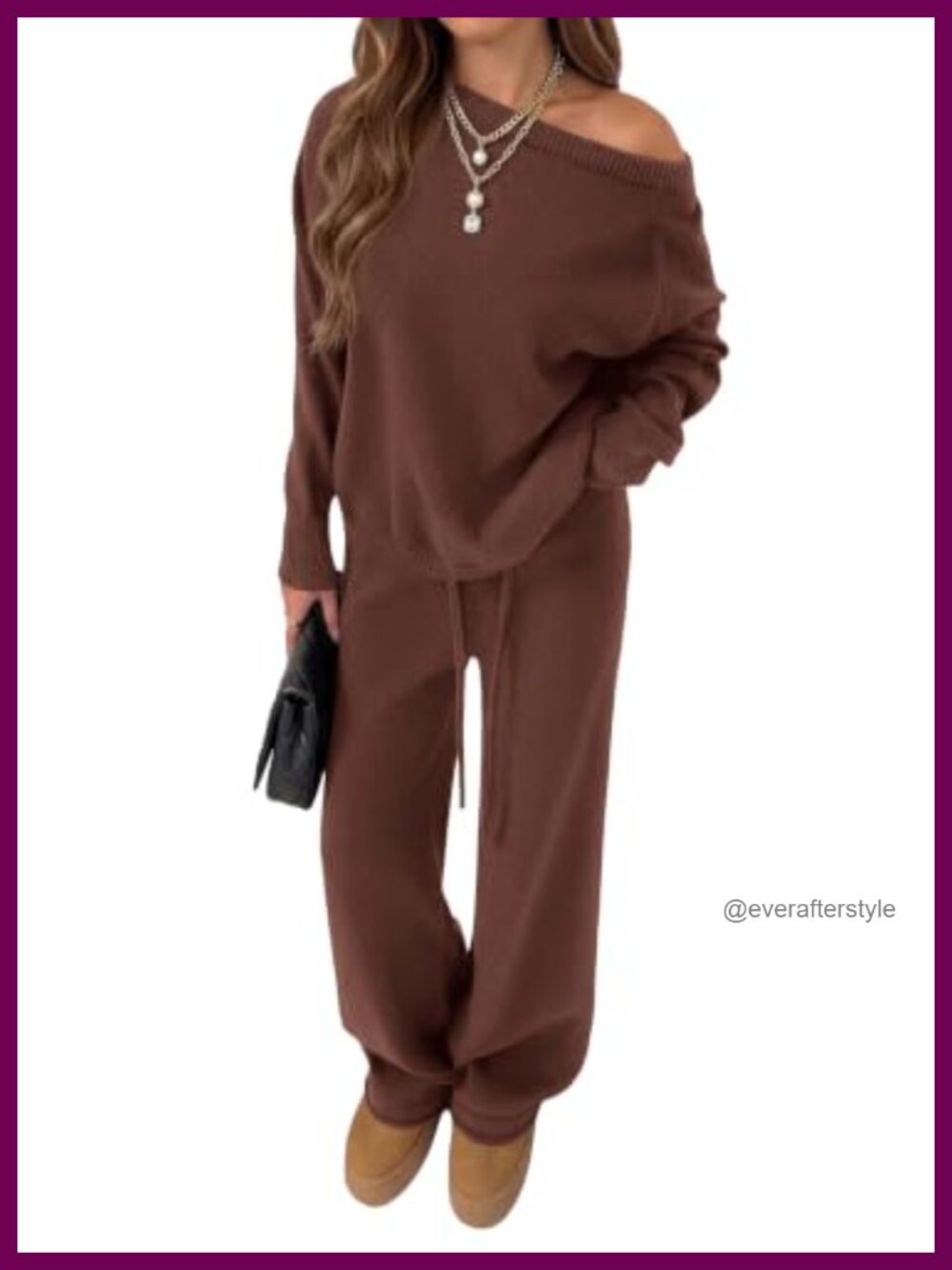 Womens Two Piece Sweater Set Boat Neck Ribbed Cuff Lounge Track Suit